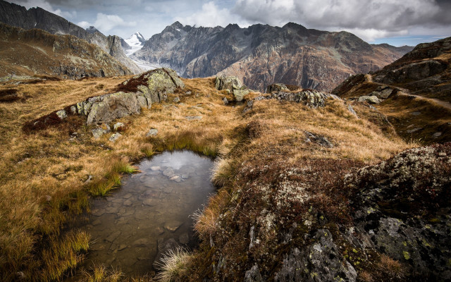 Small stream grassy field snowy free wallpaper for desktop - medium preview image