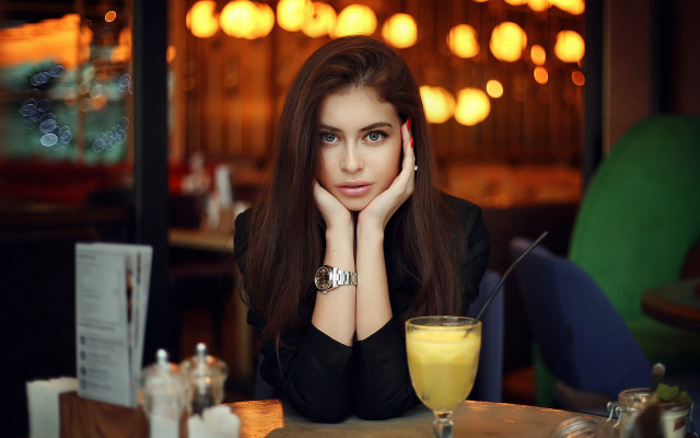 Woman orangejuice cafe bokeh portrait free wallpaper for desktop - medium preview image