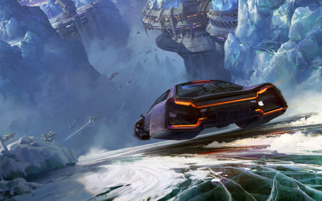 Futuristic car mountain city scene free wallpaper for desktop - medium preview image
