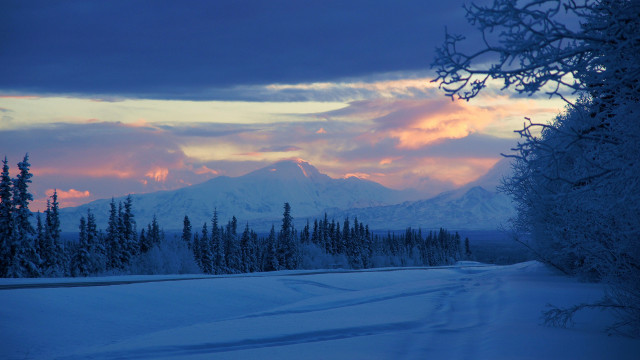 Snowy road mountain sunset pink free wallpaper for desktop - medium preview image