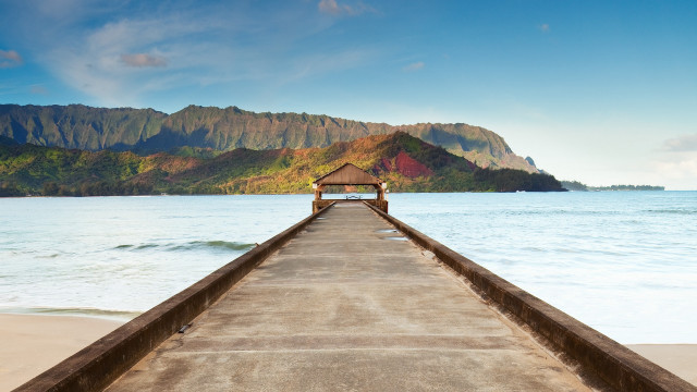 Pier gazebo ocean mountains beautiful free wallpaper for desktop - medium preview image