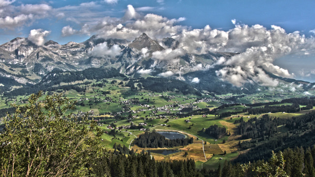 Mountain lake town clouds cityscape free wallpaper for desktop - medium preview image