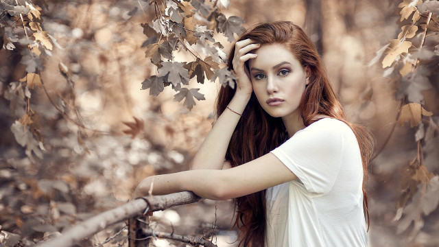 Woman red hair woods leaves free wallpaper for desktop - medium preview image