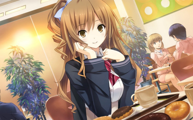 Girl school uniform donuts pastries free wallpaper for desktop - medium preview image