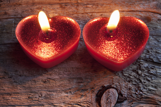 Red candles heart wooden surface free wallpaper for desktop - medium preview image