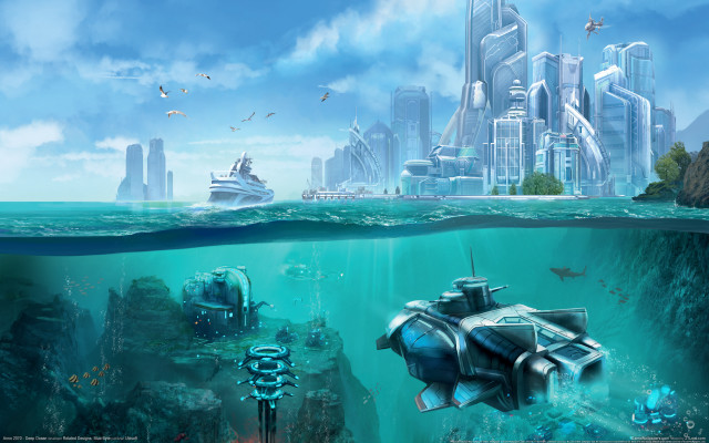 Submarine ocean city boat fantasy free wallpaper for desktop - medium preview image