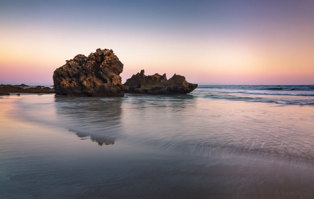 Rock formation beach sunset reflection free wallpaper for desktop - medium preview image