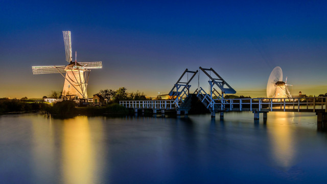 Windmill bridge reflection dusk blue free wallpaper for desktop - medium preview image