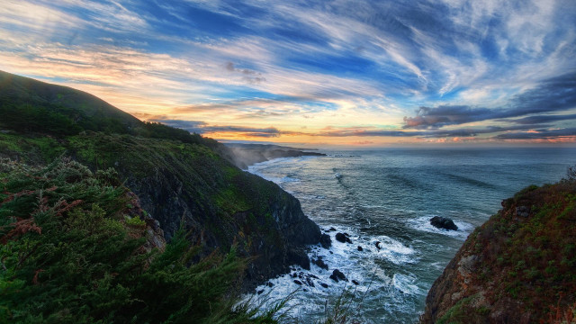 Cliff water sunset clouds forest free wallpaper for desktop - medium preview image