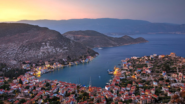 Small town hill water boat free wallpaper for desktop - medium preview image