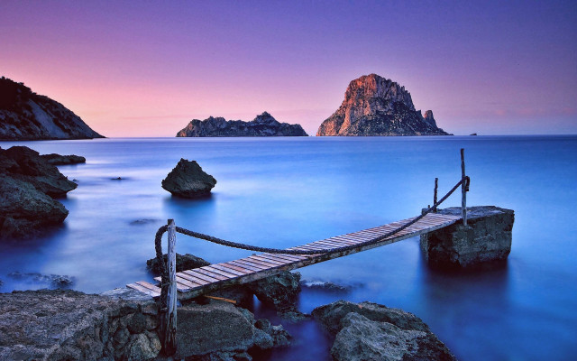 Wooden bridge mountain lake dusk free wallpaper for desktop - medium preview image