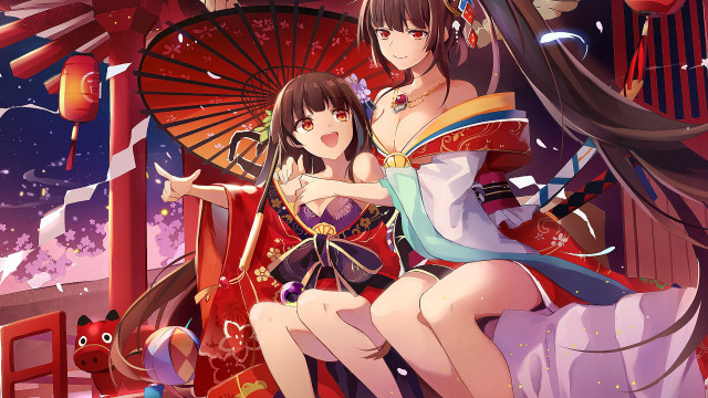 Anime girls bench umbrella cherry free wallpaper for desktop - medium preview image