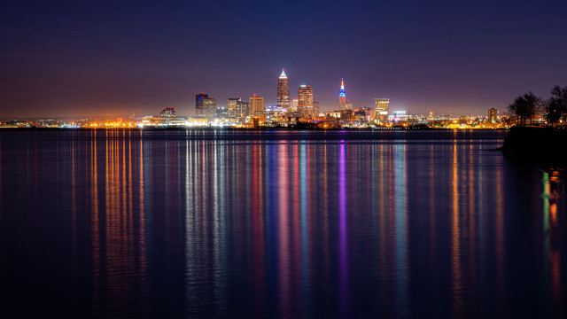 City skyline reflection night glowing free wallpaper for desktop - medium preview image