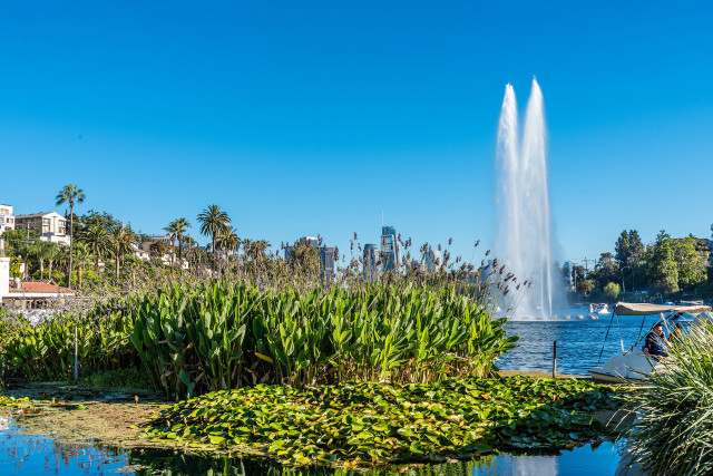 Fountain pond boat city ecological free wallpaper for desktop - medium preview image