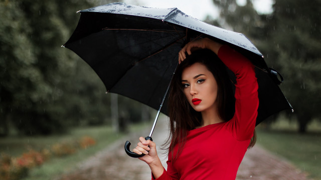 Woman red shirt umbrella rain free wallpaper for desktop - medium preview image