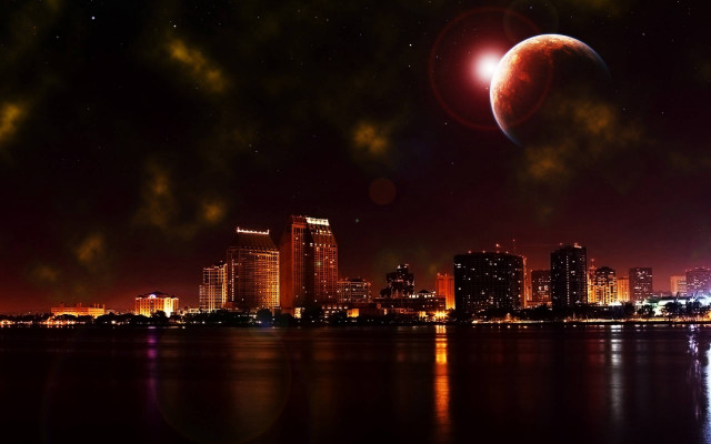 Red moon city skyline night free wallpaper for desktop - medium preview image