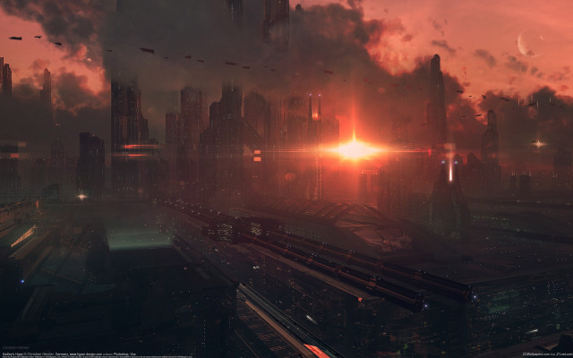 Futuristic city train sunset red #2 free wallpaper for desktop - medium preview image