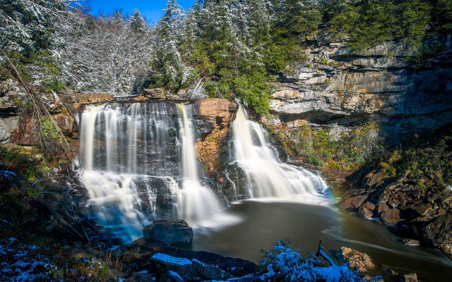 Waterfall trees snow rocks impressionist free wallpaper for desktop - medium preview image