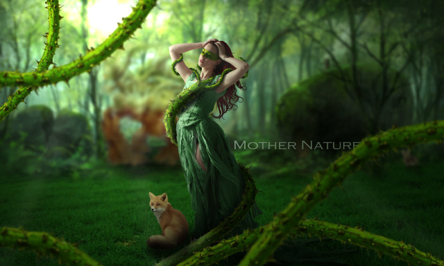 Woman green dress forest fox #2 free wallpaper for desktop - medium preview image