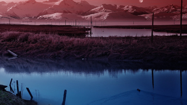 Lake mountain redsky clouds mattepainting free wallpaper for desktop - medium preview image