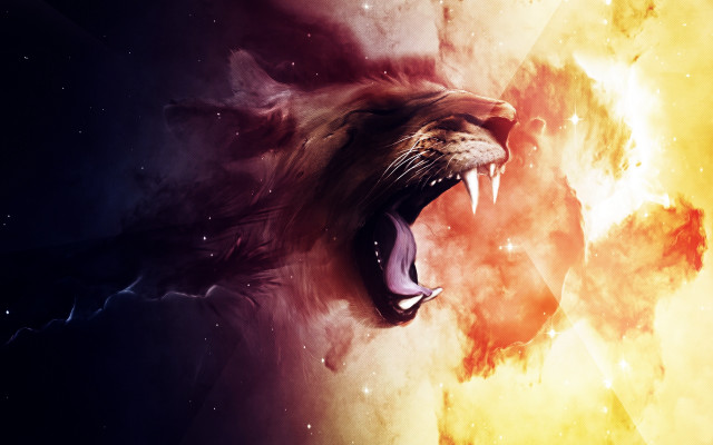 Lion roaring space galaxy fire free wallpaper for desktop - medium preview image