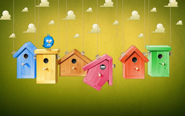 Colorful birdhouses hanging bird blue free wallpaper for desktop - medium preview image