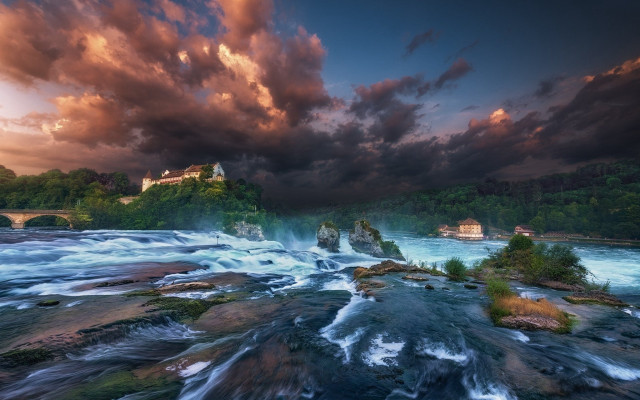 River rapids bridge castle sunset free wallpaper for desktop - medium preview image