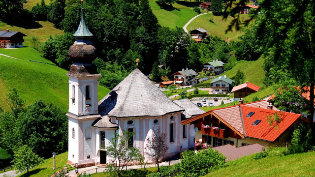 Church green valley trees hills free wallpaper for desktop - medium preview image