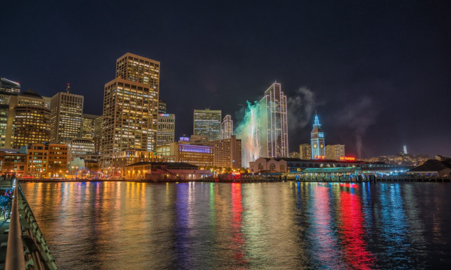 City skyline bridge fireworks river free wallpaper for desktop - medium preview image