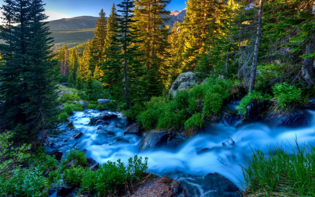 Mountain stream forest rocks sunset free wallpaper for desktop - medium preview image