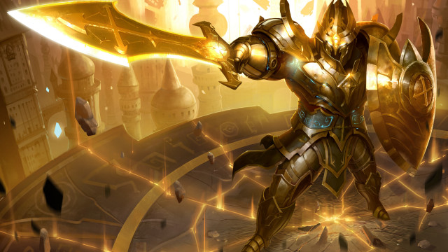 Golden armored futuristic city sword free wallpaper for desktop - medium preview image