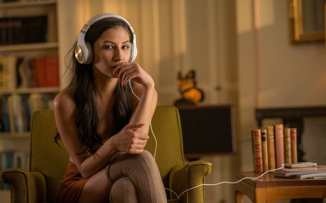 Aesthetic portrait woman headphones bookcase free wallpaper for desktop - medium preview image