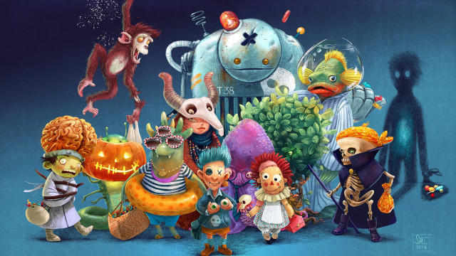 Cartoon characters blue background shadow free wallpaper for desktop - medium preview image