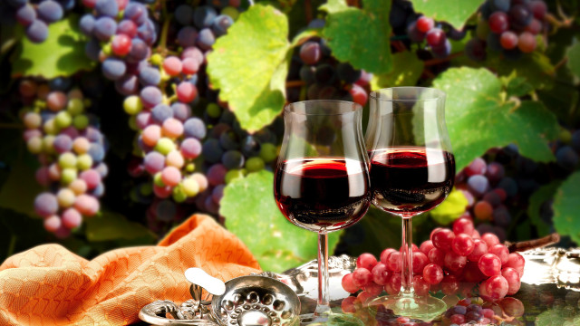 Wine glasses grapes silver tray free wallpaper for desktop - medium preview image
