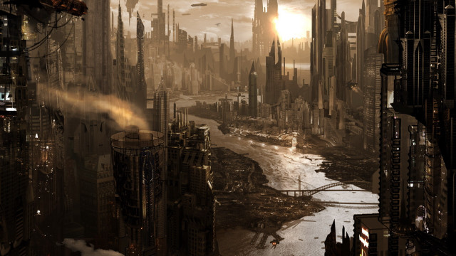 Futuristic city river bridge sky free wallpaper for desktop - medium preview image