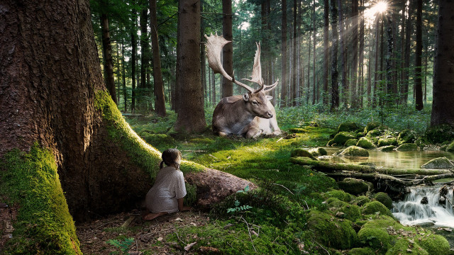 Woman forest deer statue stream free wallpaper for desktop - medium preview image