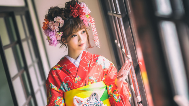 Woman kimono cat flower hair free wallpaper for desktop - medium preview image
