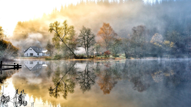 Lake house trees fog autumn free wallpaper for desktop - medium preview image