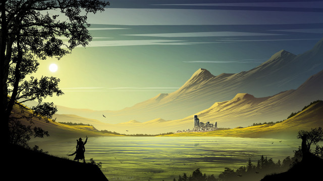 Lake castle mountains bird sunset free wallpaper for desktop - medium preview image