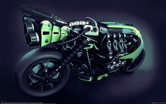 Futuristic motorcycle green engine black free wallpaper for desktop - medium preview image