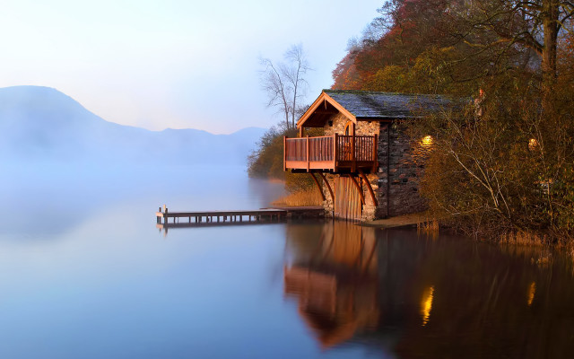 Lake house dock boathouse fog free wallpaper for desktop - medium preview image