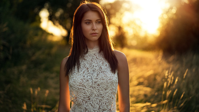 Woman white dress field sunset #2 free wallpaper for desktop - medium preview image