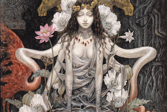 Woman flowers dragon painting art free wallpaper for desktop - medium preview image