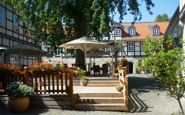 Wooden bench umbrella flower tree free wallpaper for desktop - medium preview image