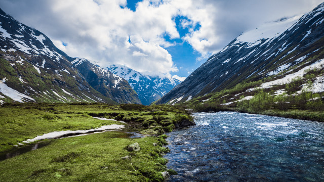Lush green valley stream mountains free wallpaper for desktop - medium preview image