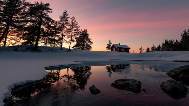 Small house reflection sunset woods free wallpaper for desktop - medium preview image