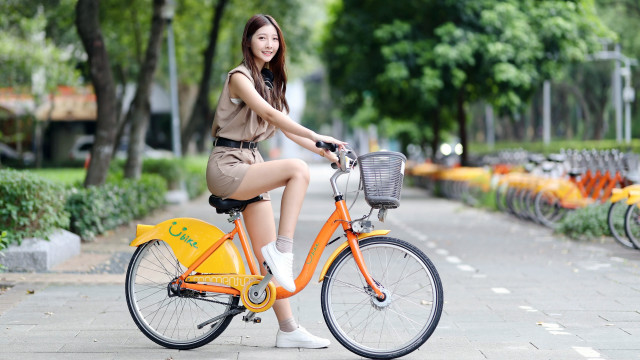 Woman biking tree bushes basket free wallpaper for desktop - medium preview image