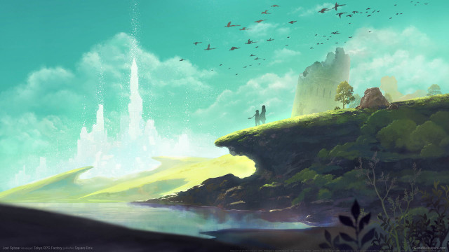 Fantasy landscape birds lake castle free wallpaper for desktop - medium preview image