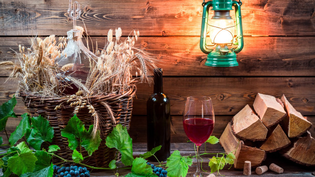 Basket grapes wine bottle lamp free wallpaper for desktop - medium preview image