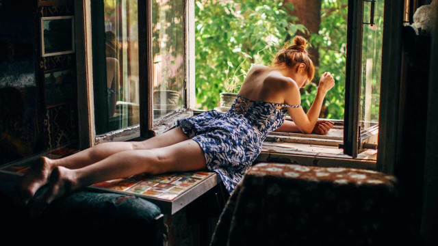 Woman window sill trees natural free wallpaper for desktop - medium preview image